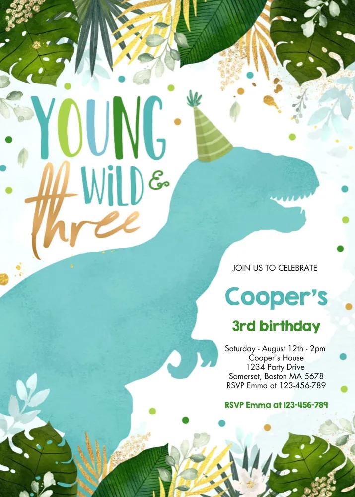 Young Wild and Three Dinosaur Birthday Invitation Canva Template