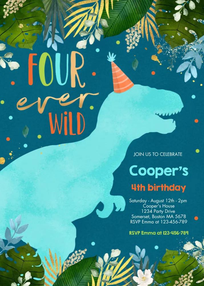 Dinosaur Four Ever Wild 4th Birthday Invitation Canva Template
