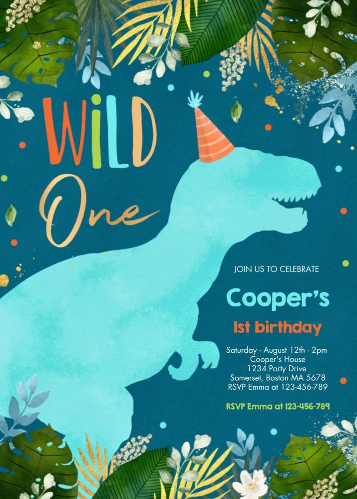 Wild One Dinosaur Birthday Invitation Canva Template - Boy 1st Birthday Invite