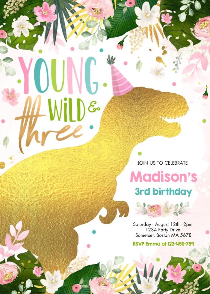 Young Wild and Free Dinosaur Birthday Invitation Canva Template
