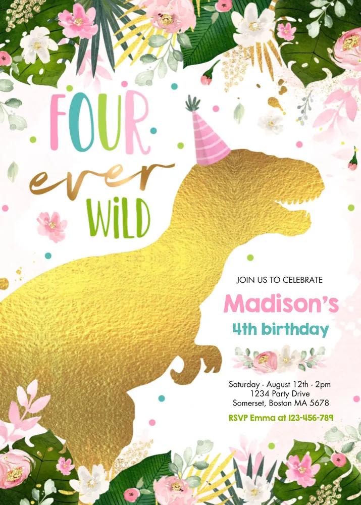 Dinosaur Four Ever Wild Birthday Invitation | Editable Canva Template
