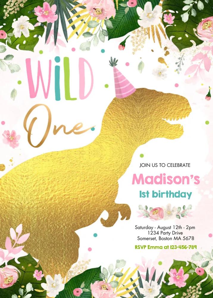 Editable Pink Dinosaur Wild One Birthday Invitation Canva Template