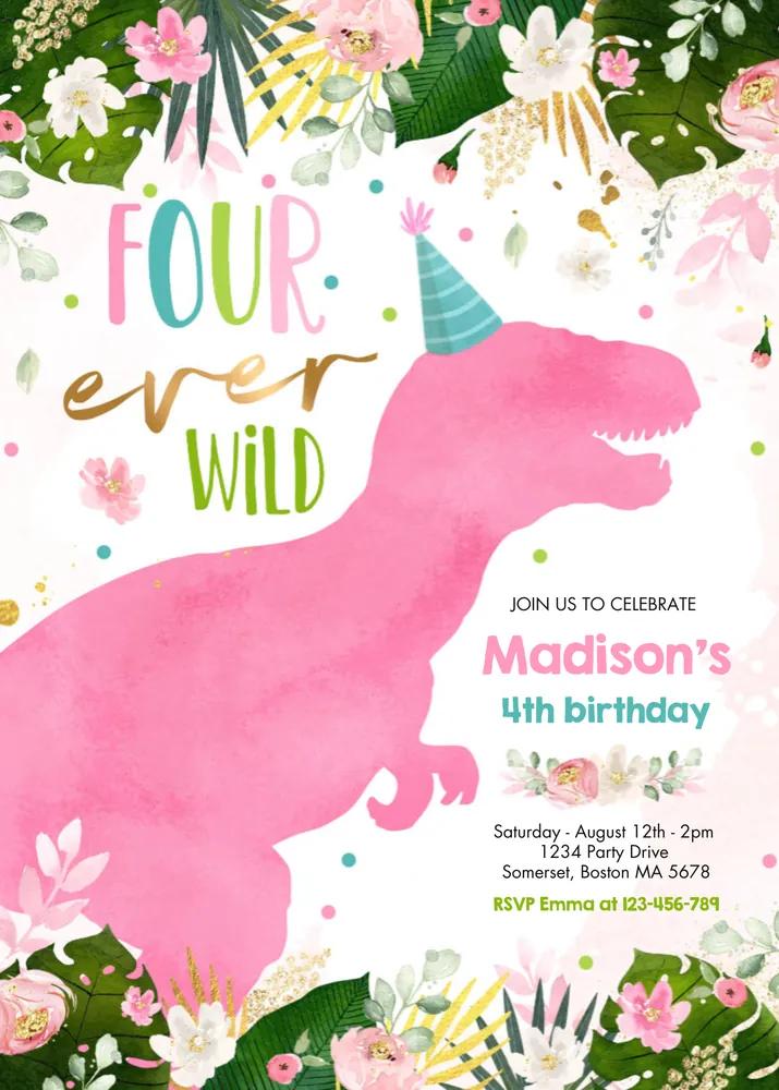 Dinosaur Four Ever Wild 4th Birthday Invitation Canva Template