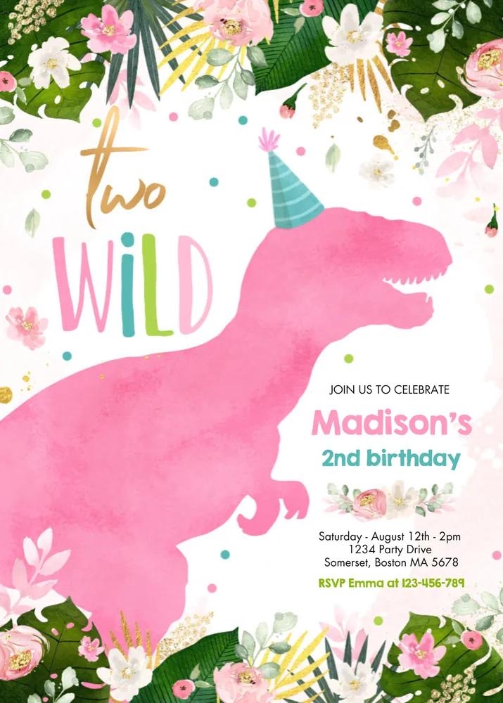 Pink Dinosaur 2nd Birthday Invitation Canva Template - Two Wild Girl Invite