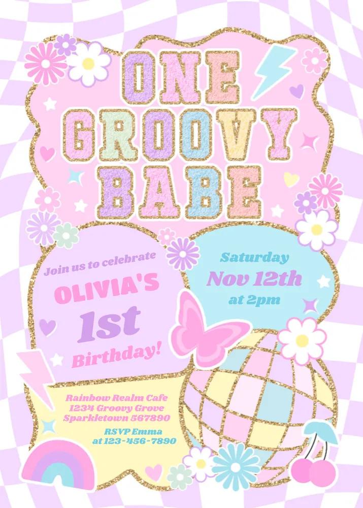 One Groovy Babe 1st Birthday Invitation | Preppy Varsity Canva Template