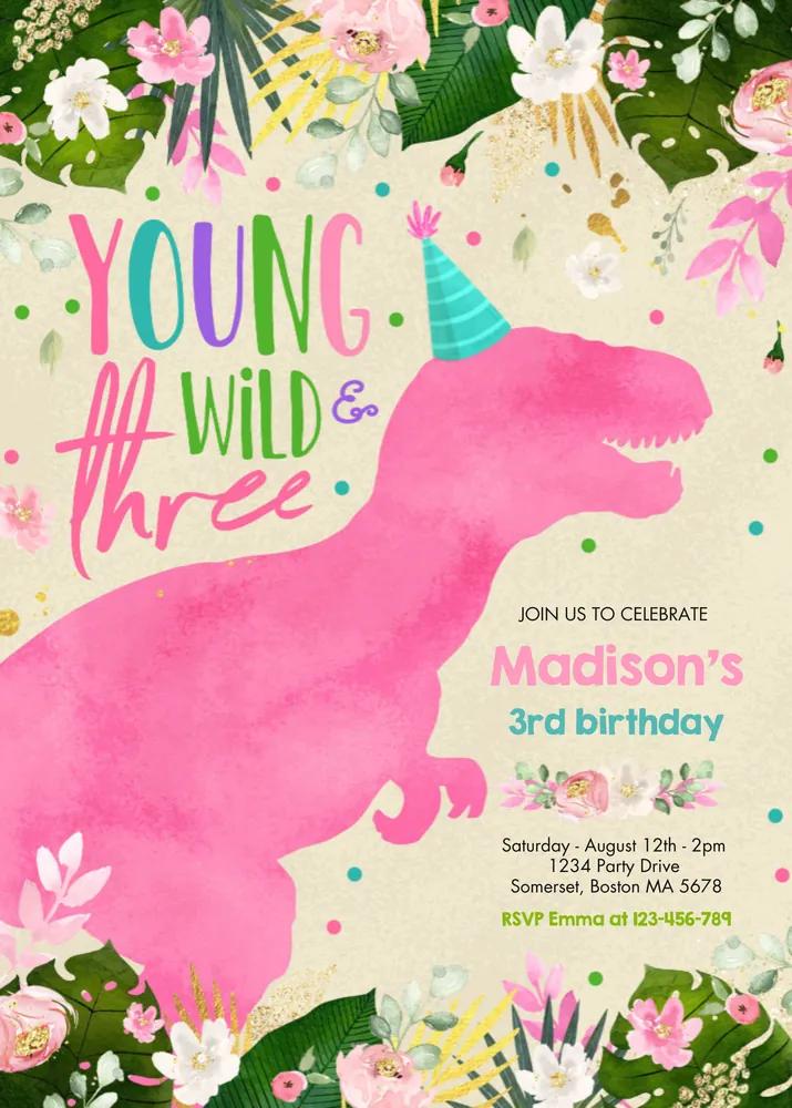 Dinosaur Young Wild and Free Birthday Invitation Canva Template