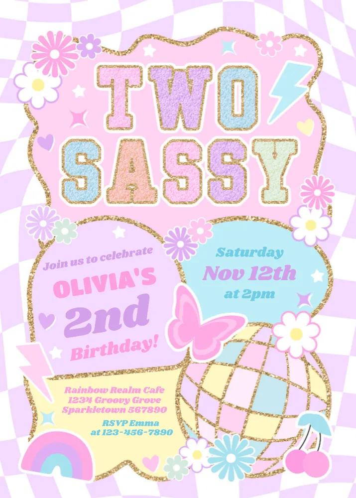 Two Sassy Groovy 2nd Birthday Invitation | Preppy Varsity Canva Template
