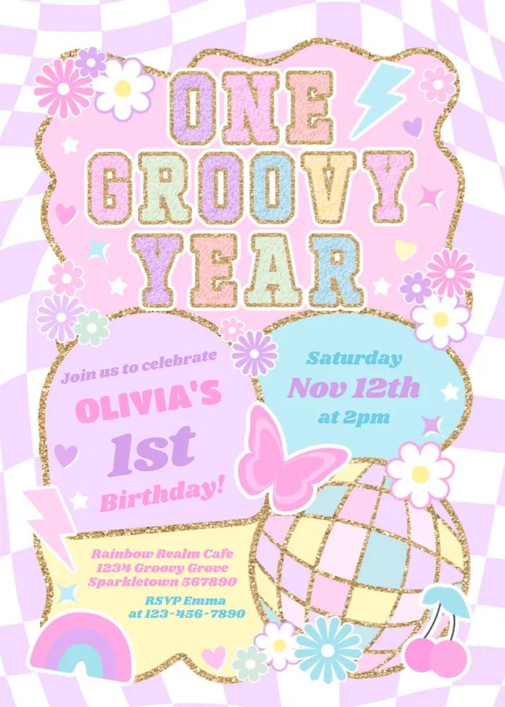 One Groovy Year Preppy Varsity 1st Birthday Invitation Canva Template
