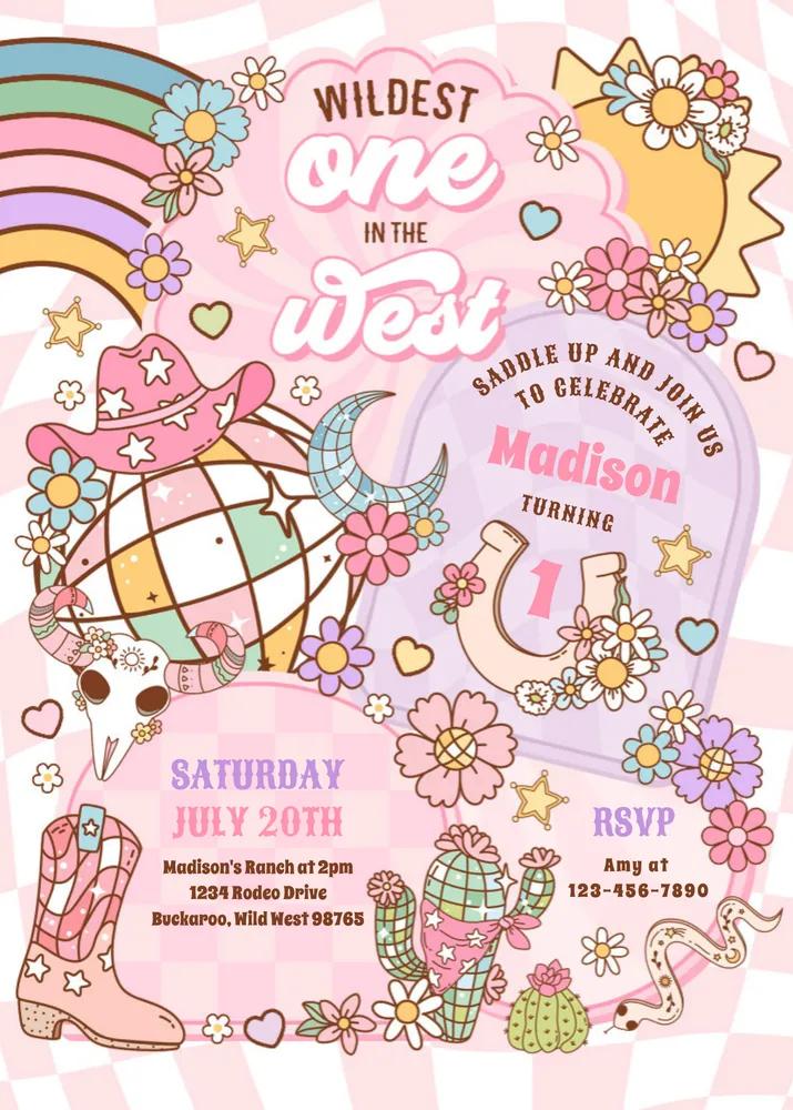 Cowgirl 1st Birthday Invitation Rodeo Wildest One In The West Canva