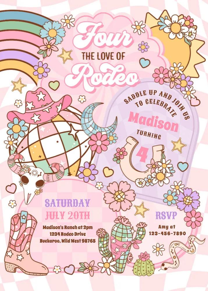 Cowgirl 4th Birthday Invitation | Four The Love Of Rodeo Canva Template