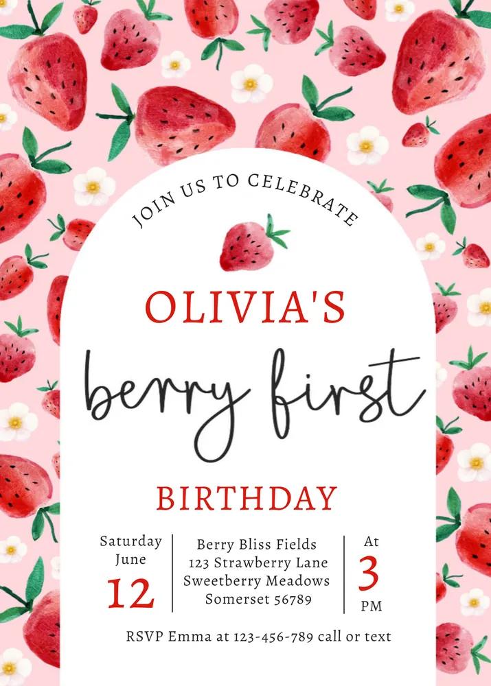 Strawberry 1st Birthday Invitation - Berry First Birthday Canva Template