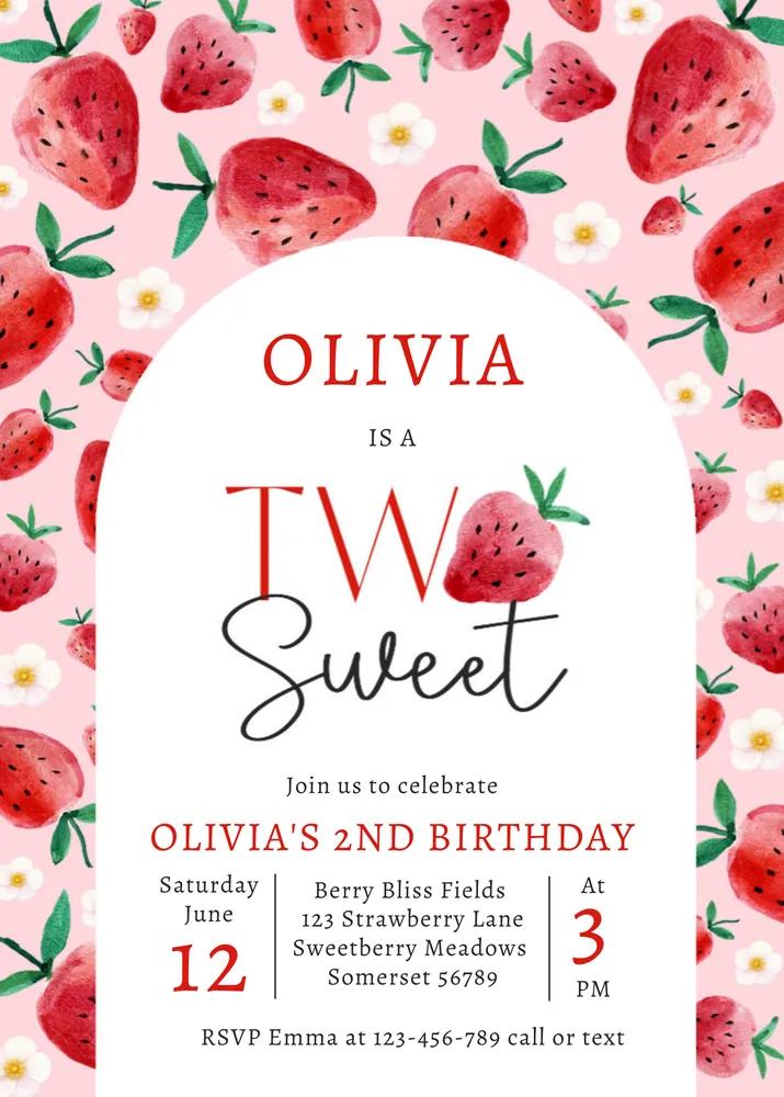 Strawberry Two Sweet 2nd Birthday Invitation Canva Template - Editable