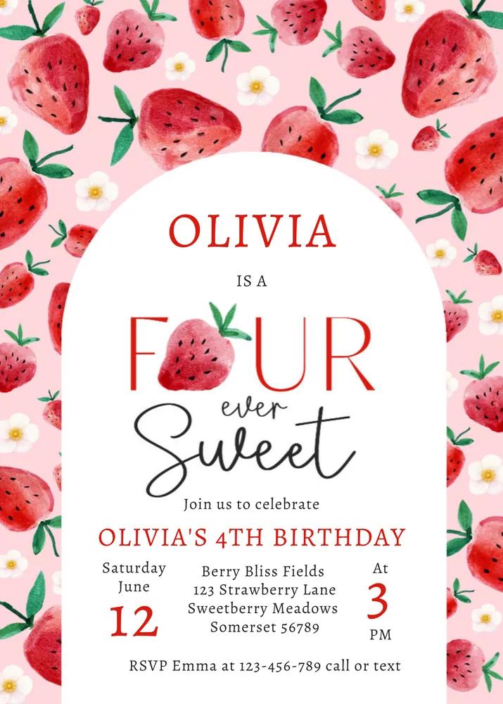 Strawberry Four Ever 4th Birthday Invitation Canva Template - Sweet Berry Party