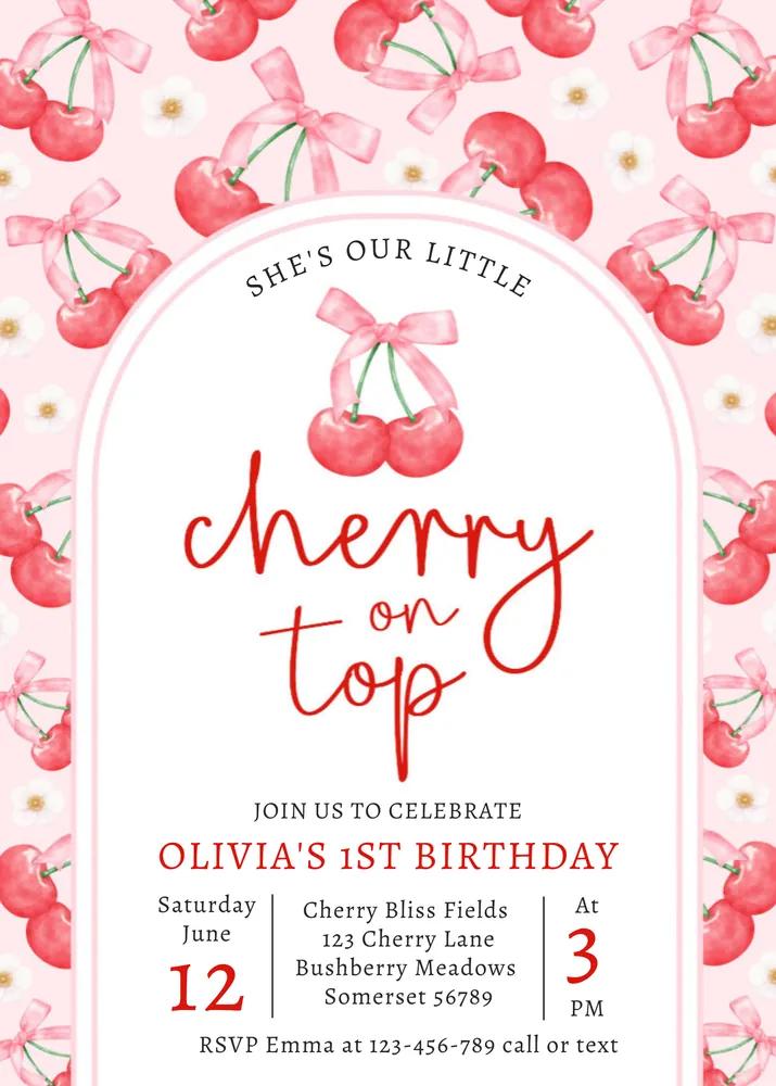 Coquette Cherry 1st Birthday Invitation | Editable Canva Template Pink Bow