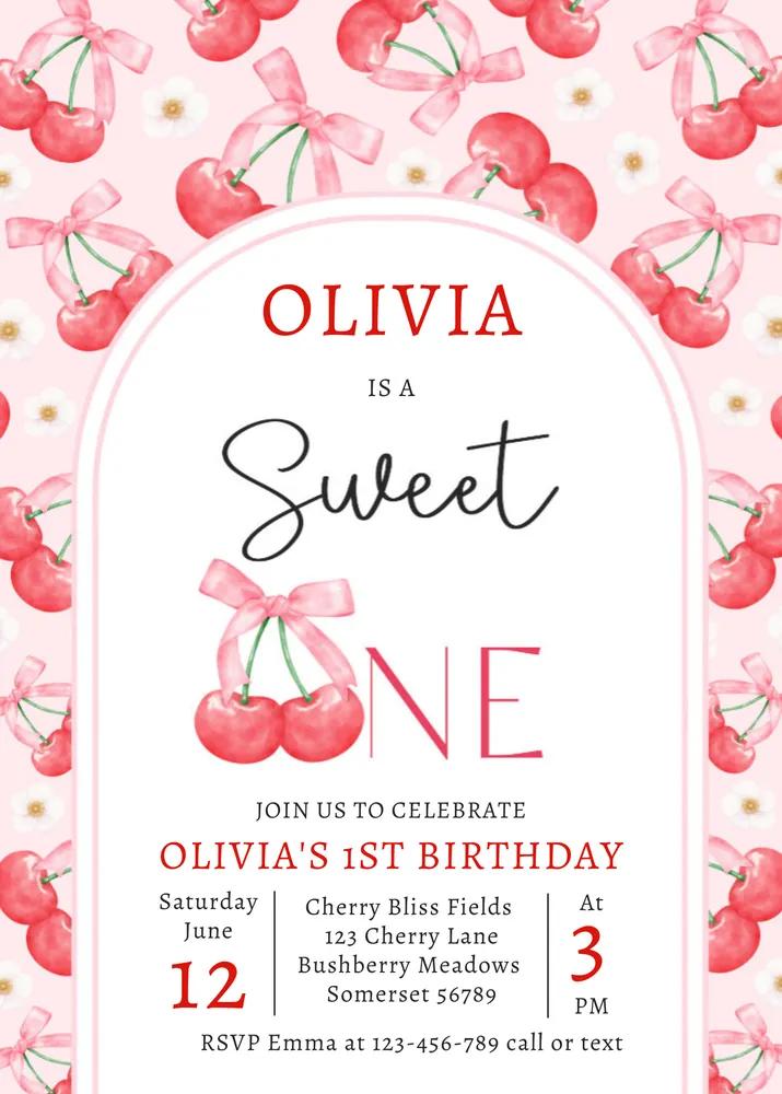 Coquette Cherry 1st Birthday Invitation | Editable Canva Template