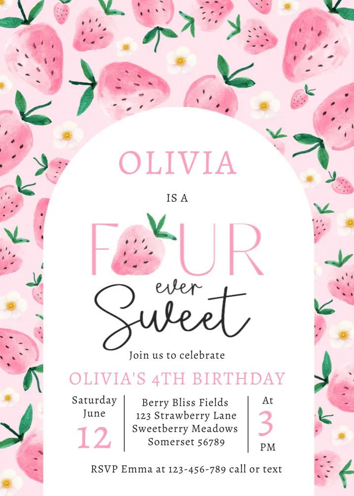 Strawberry Four Ever Sweet 4th Birthday Invitation Canva Template