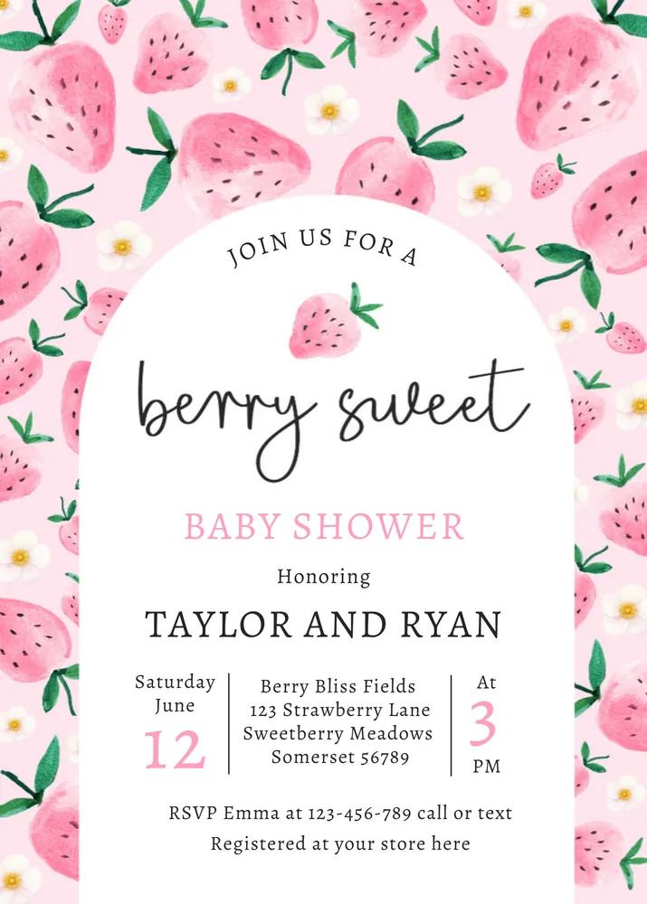 Berry Sweet Strawberry Baby Shower Invitation - Editable Canva Template