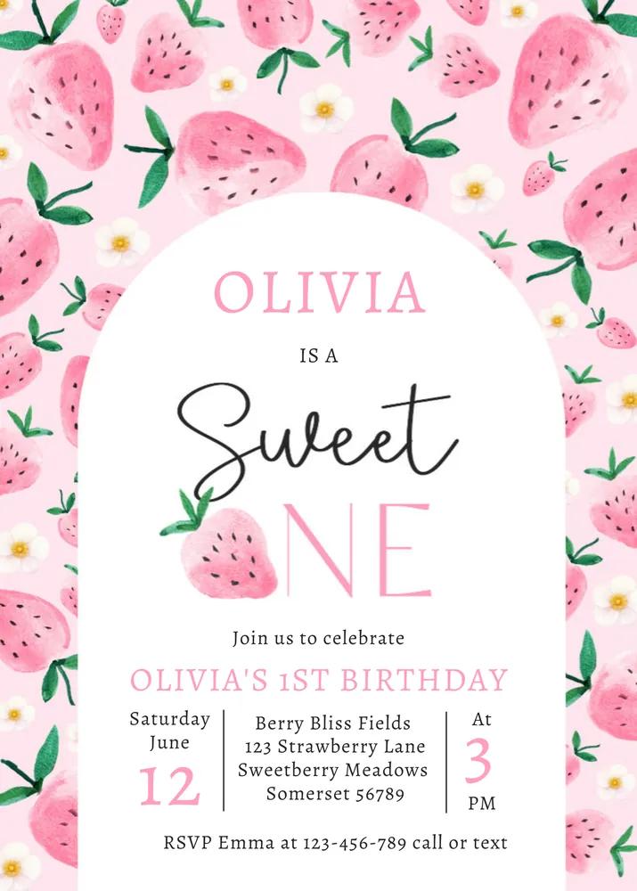 Strawberry Sweet One 1st Birthday Invitation - Editable Canva Template