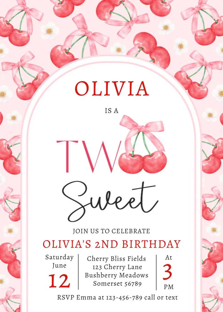 Coquette Cherry Two Sweet 2nd Birthday Invitation | Editable Canva Template