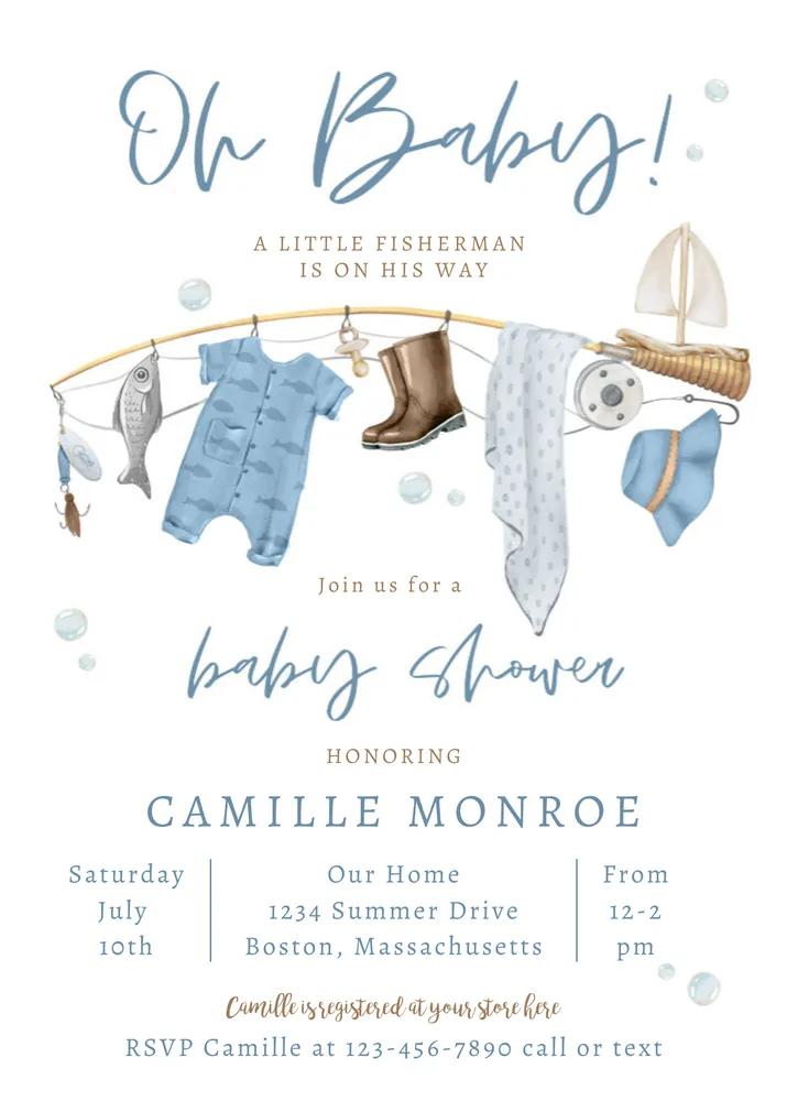 Fishing Reel Excited Boy Baby Shower Invitation Canva Template Instant Download