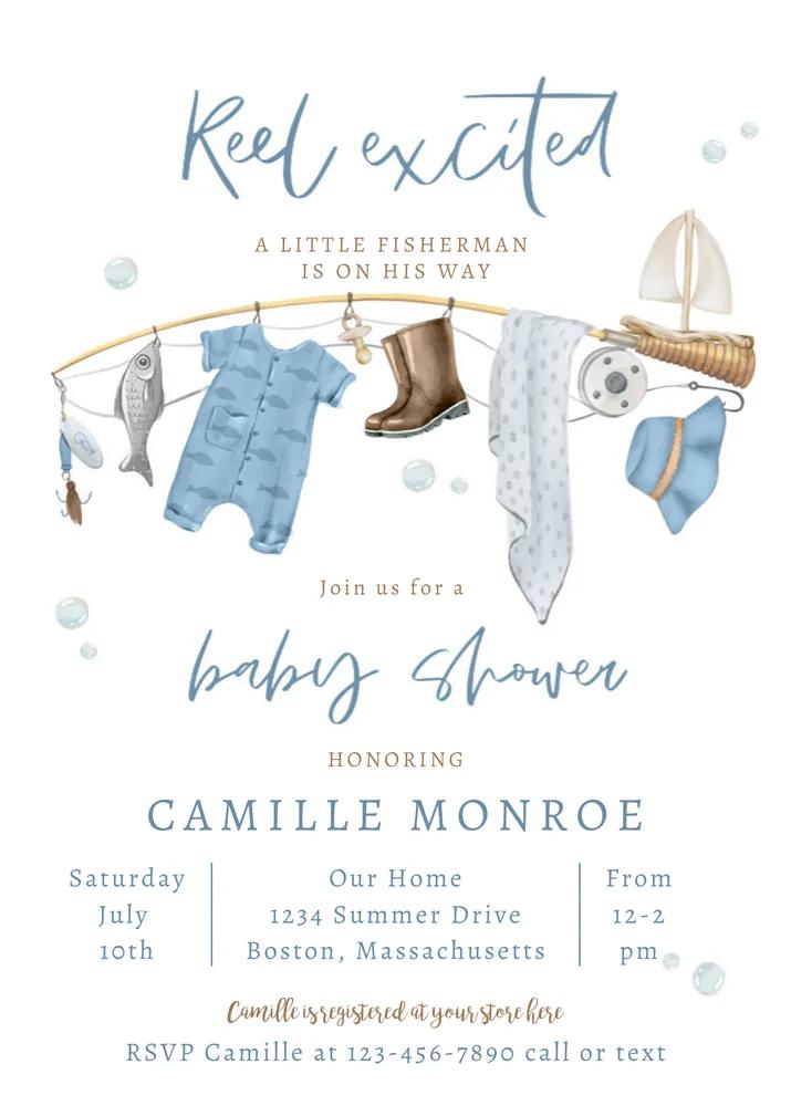 Fishing Reel Excited Boy Baby Shower Invitation | Editable Canva Template