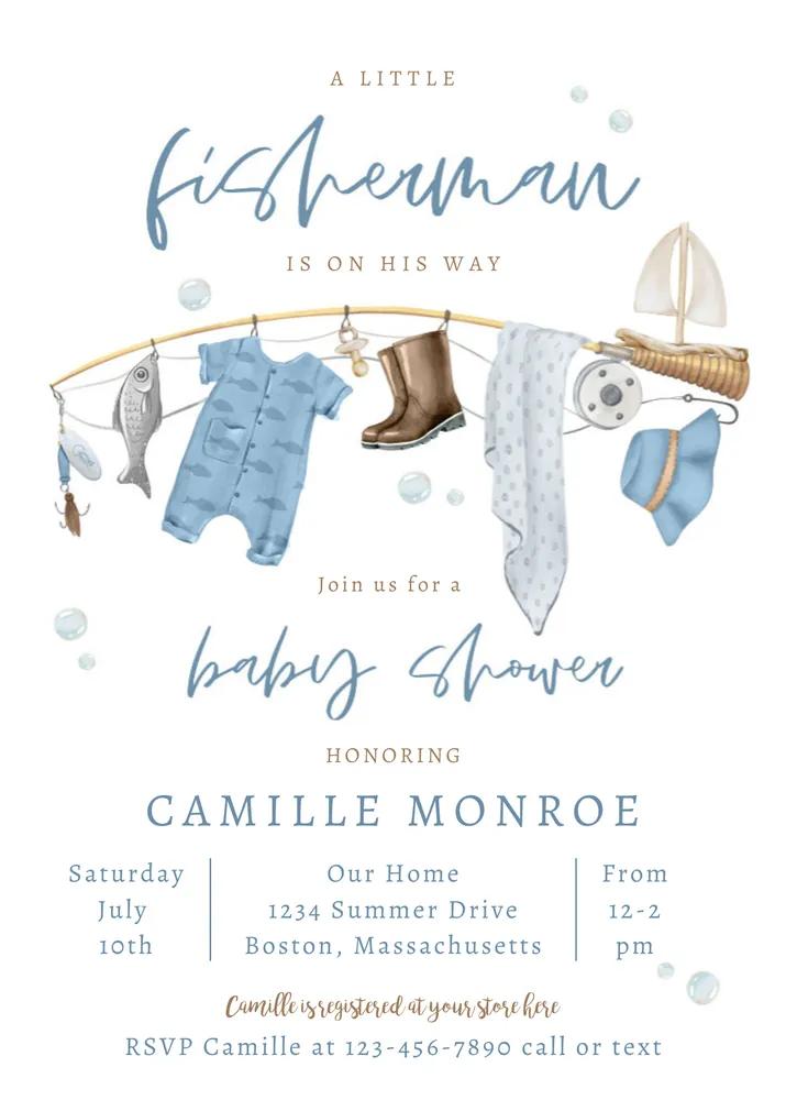 Fishing Reel Excited Boy Baby Shower Invitation Canva Template Instant Download