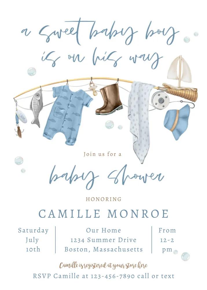 Fishing Reel Excited Boy Baby Shower Invitation Editable Canva Template