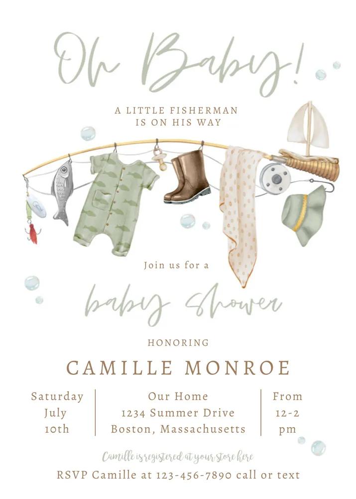 Fishing Reel Excited Boy Baby Shower Invitation Canva Template Instant Download