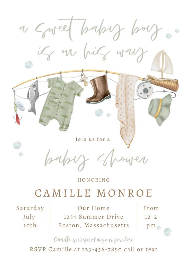 Fishing Reel Excited Boy Baby Shower Invitation | Editable Canva Template