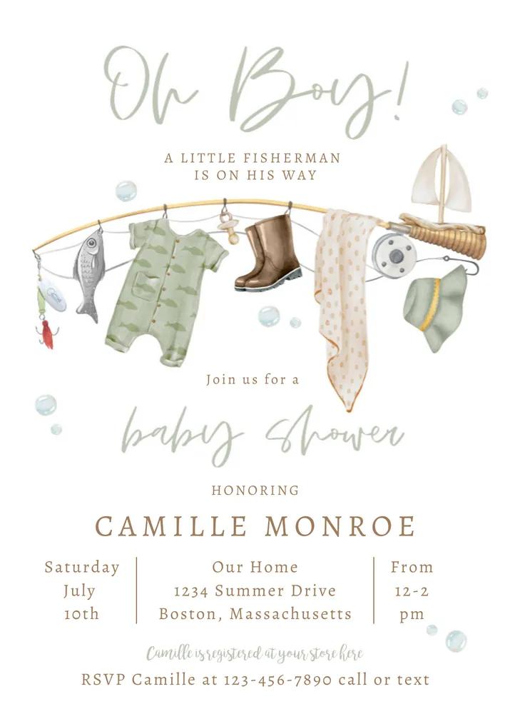 Fishing Reel Excited Boy Baby Shower Invitation | Editable Canva Template