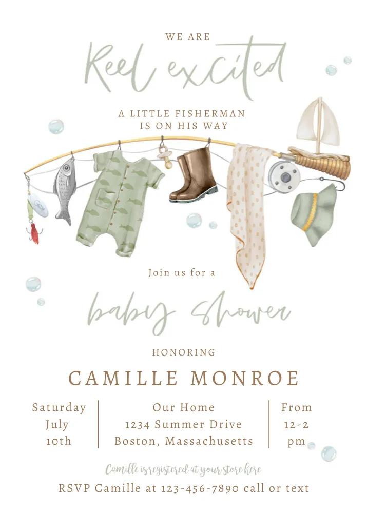Fishing Reel Excited Boy Baby Shower Invitation Canva Template