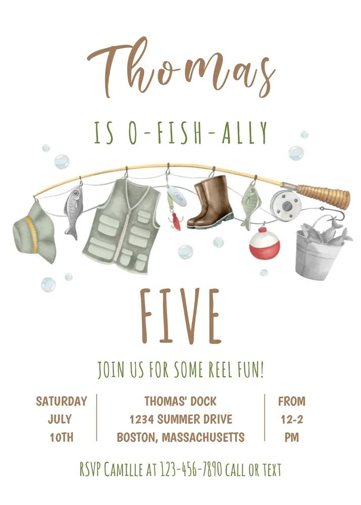 Editable Fishing The Big One 1st Birthday Invitation Canva Template