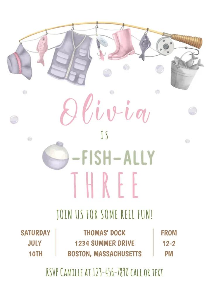 Girl Fishing Birthday Invitation Template | O-Fish-Ally One Canva Instant Download