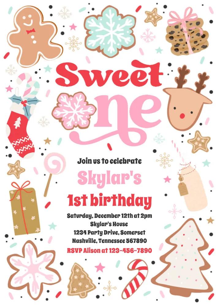 Christmas Cookie Sweet One 1st Birthday Invitation | Editable Canva Template