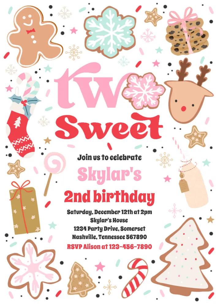 Christmas Cookie Two Sweet 2nd Birthday Invitation Canva Template