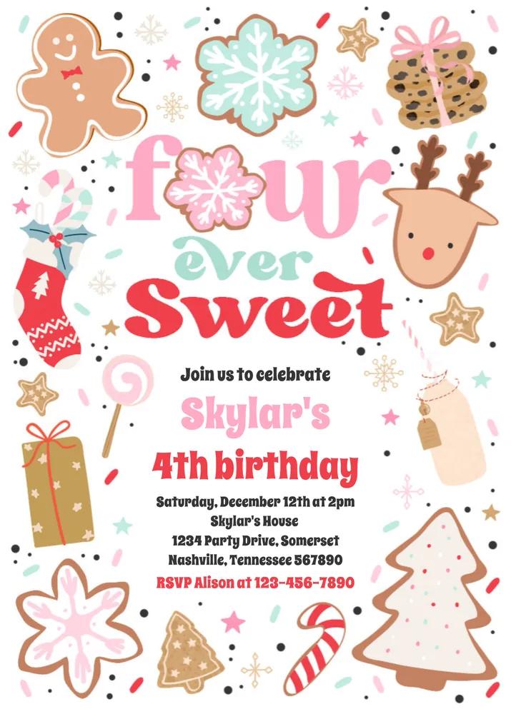 Christmas Cookie Four Ever Sweet Birthday Invitation Canva Template
