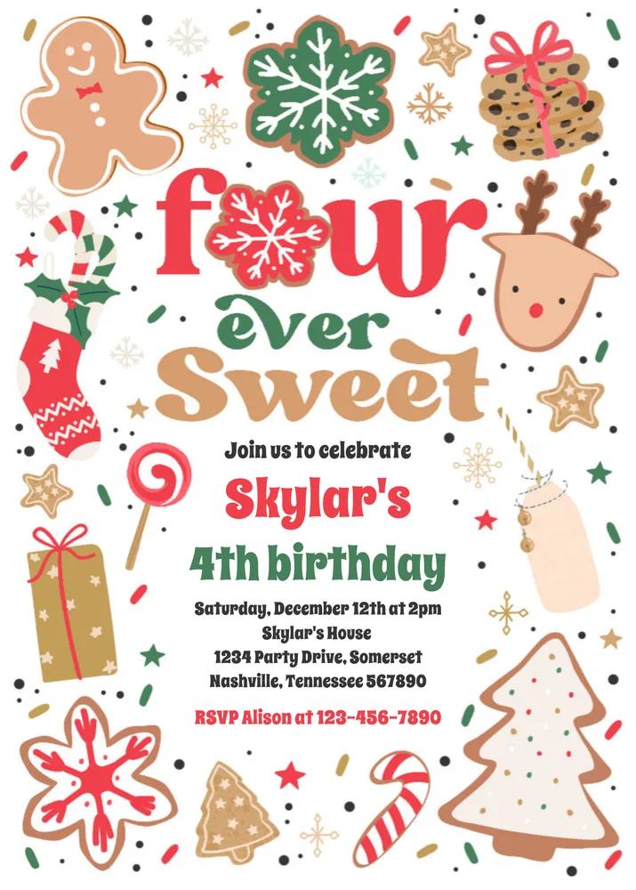 Christmas Cookie Four Ever Sweet Birthday Invitation Canva Template