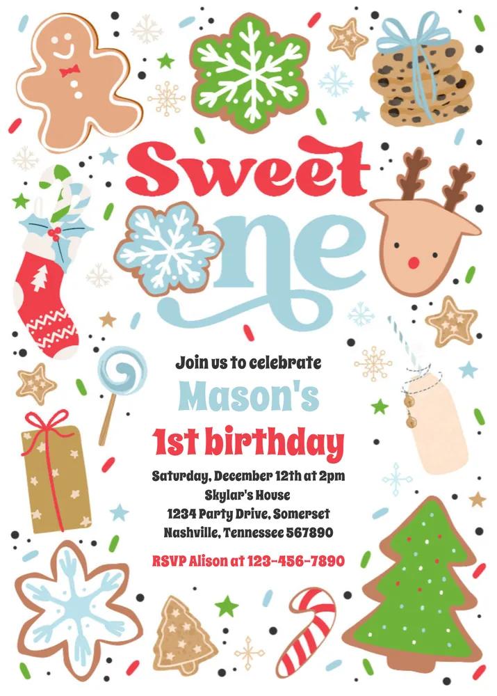 Christmas Cookie Sweet One 1st Birthday Invitation | Editable Canva Template