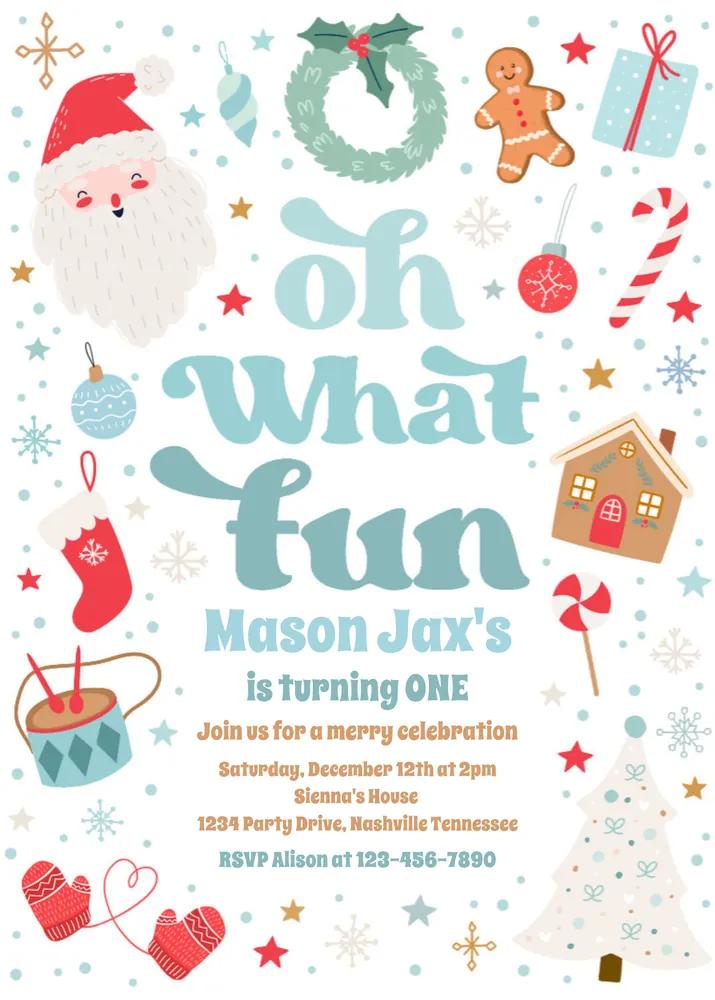 Oh What Fun Christmas Birthday Invitation Canva Template - Blue and Red