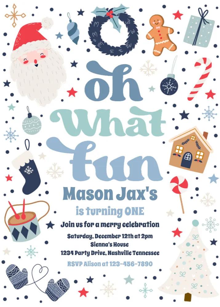 Oh What Fun Blue Red Christmas Birthday Invitation Canva Template