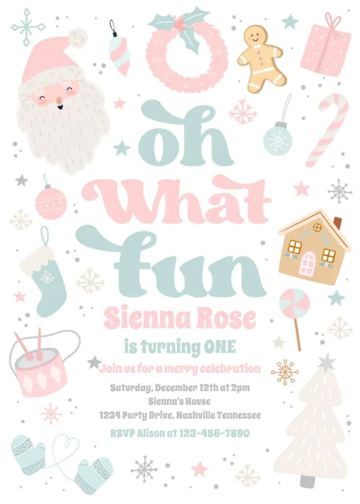 Pink Pastel Oh What Fun Christmas Birthday Invitation Canva Template