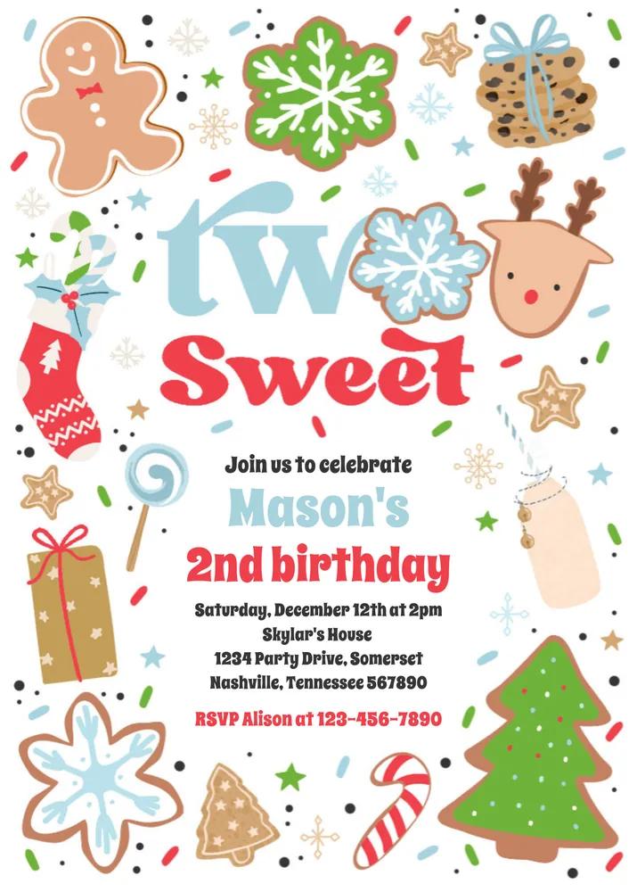 Christmas Cookie Two Sweet 2nd Birthday Invitation Canva Template