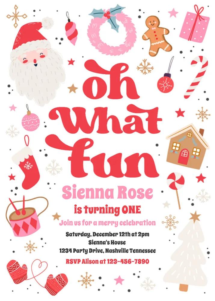 Oh What Fun Red Pink Christmas Birthday Invitation Canva Template