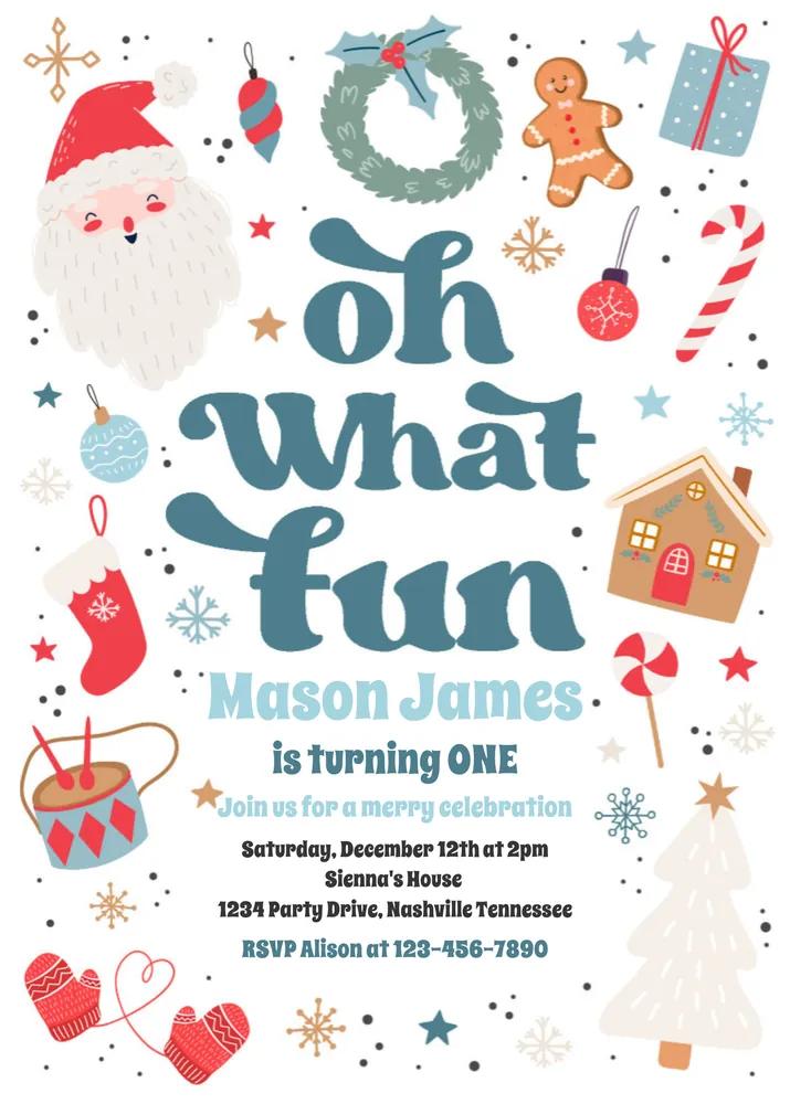 Oh What Fun Blue Red Christmas Birthday Invitation Canva Template