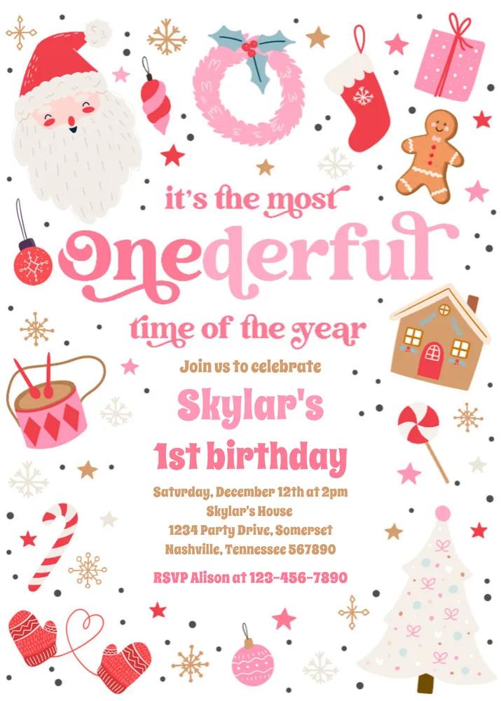Pink Winter Onederful 1st Birthday Invitation | Editable Canva Template
