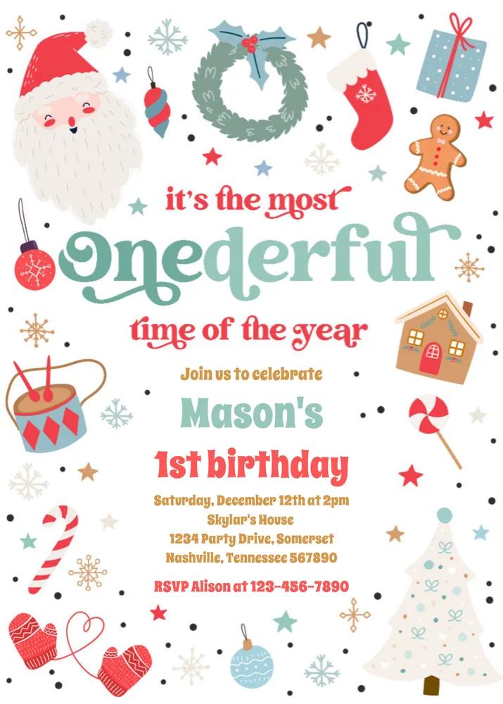 Most Onederful Time Christmas 1st Birthday Invitation Canva Template