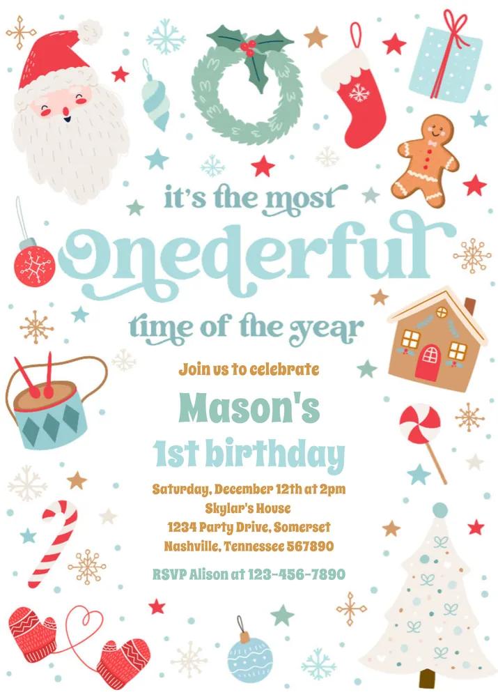 Most Onederful Time Christmas 1st Birthday Invitation Canva Template