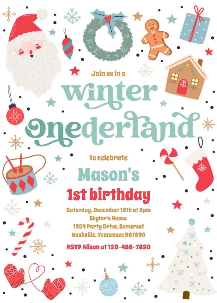 Winter ONEderland 1st Birthday Invitation | Blue Christmas Canva Template