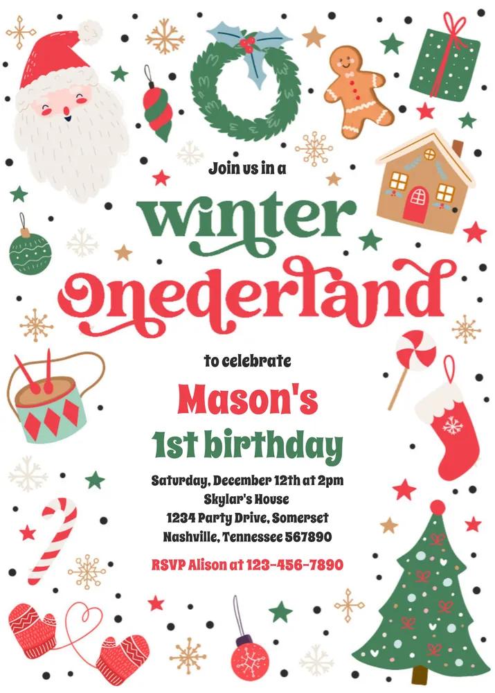 Winter ONEderland 1st Birthday Invitation | Red Christmas Canva Template