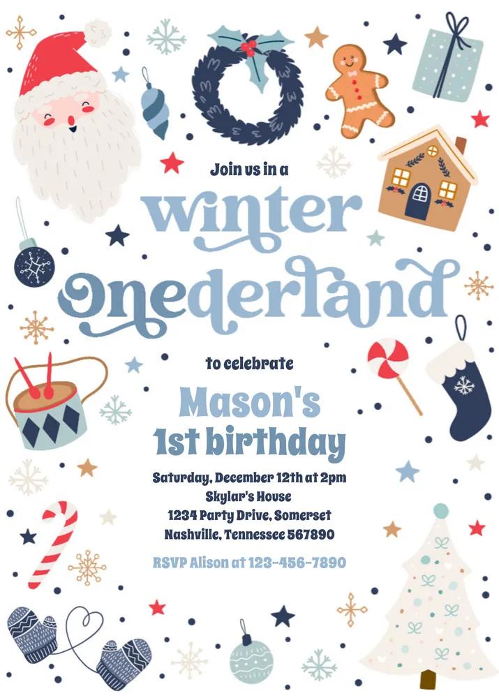 Winter ONEderland Blue Christmas 1st Birthday Invitation Canva Template